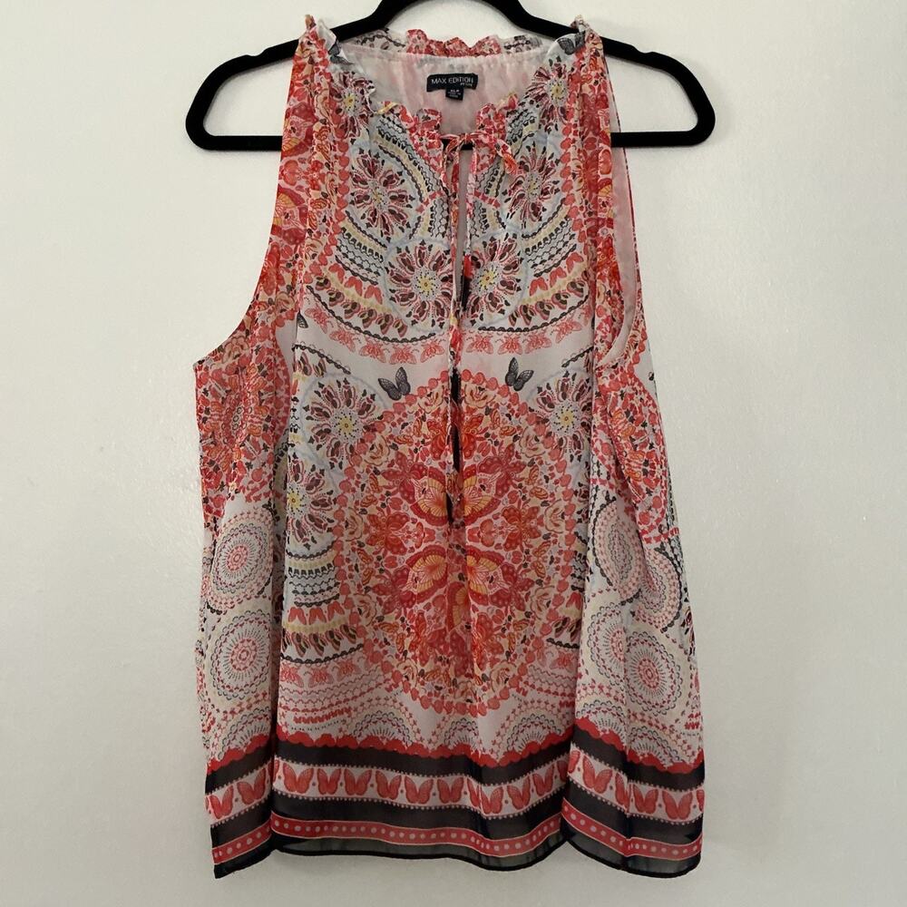 Max Studio Petite Top XLP Butterfly Geometric Colorful Tie Neck RuffleSleeveless
